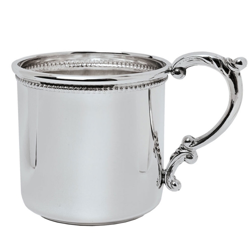 Sterling Silver Beaded Scroll Handle Baby Cup 2.5\ Height x 3.25\ Diameter including handle
.925 Sterling Silver

Sterling Silver Care:  

Wash your sterling silver in warm water, using mild soap and a soft cloth. Dry with a soft cloth. Your sterling silver should never be exposed to an open flame or excessive heat. 

Store your sterling silver trays flat, cups upright, etc. to prevent warping. Do not wrap sterling silver in anything other than the original wrapping to prevent scratching. With proper care, your sterling silver will last for generations. Never put sterling silver in a dishwasher. Hand wash only.